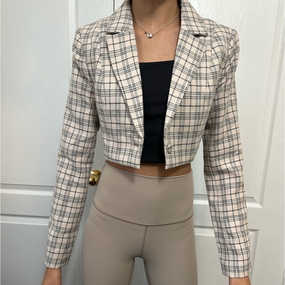 Meshki Cropped Blazer - Beige, Plaid (XS)